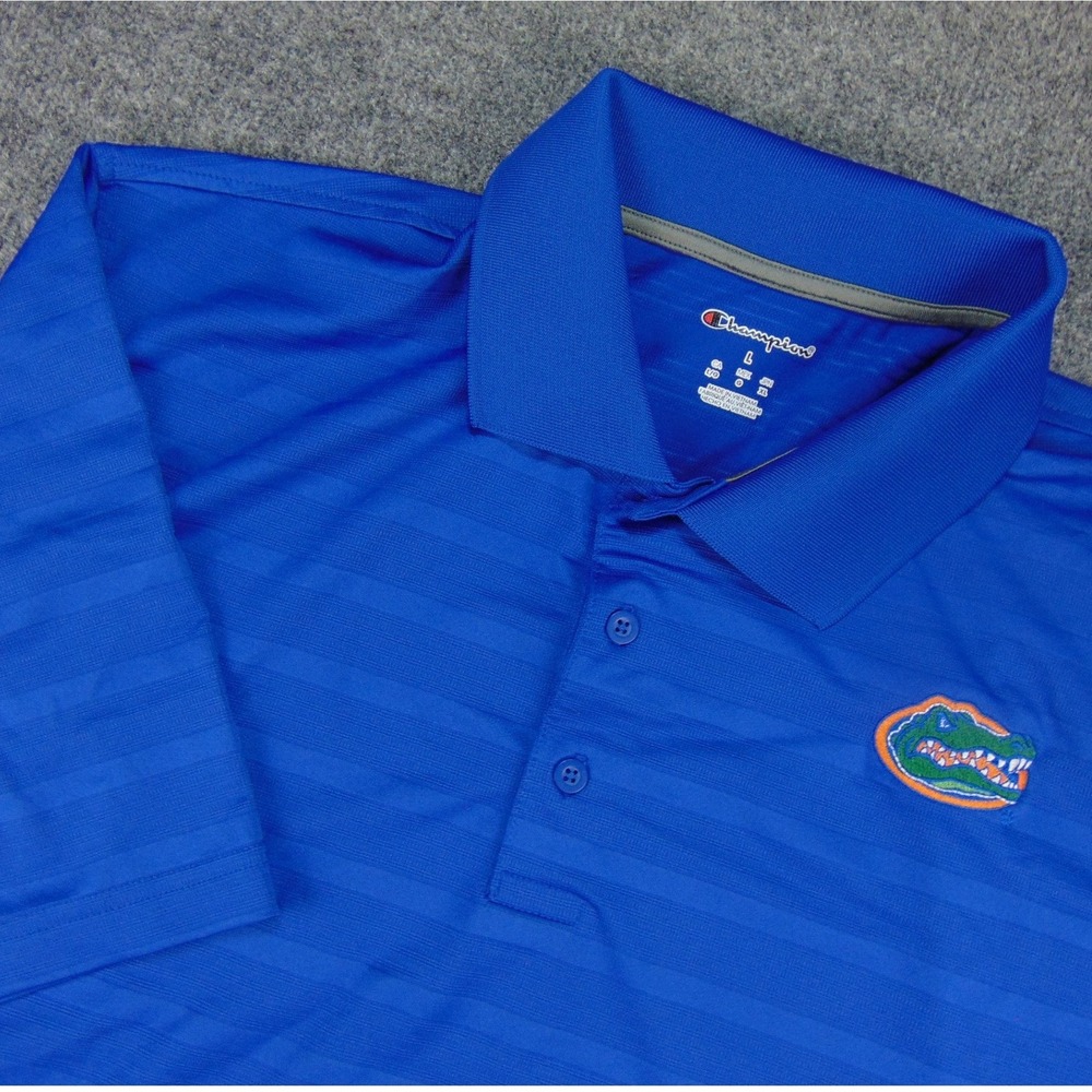 Florida Gators Polo Shirt Mens Large Champion Blue Striped NCAA Fan Gear Sporty